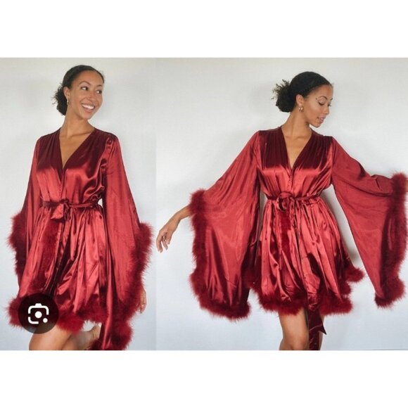Solistawear Valentina Red Satin Robe Feather Trim Luxe Wrap – Solista W Size L - Picture 11 of 12